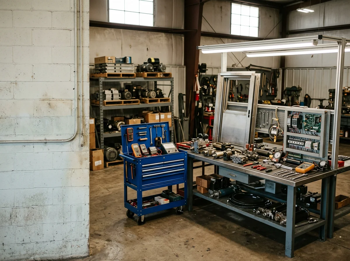 Professional elevator service technician working on elevator components in a commercial building shaft, demonstrating technical expertise and equipment maintenance.