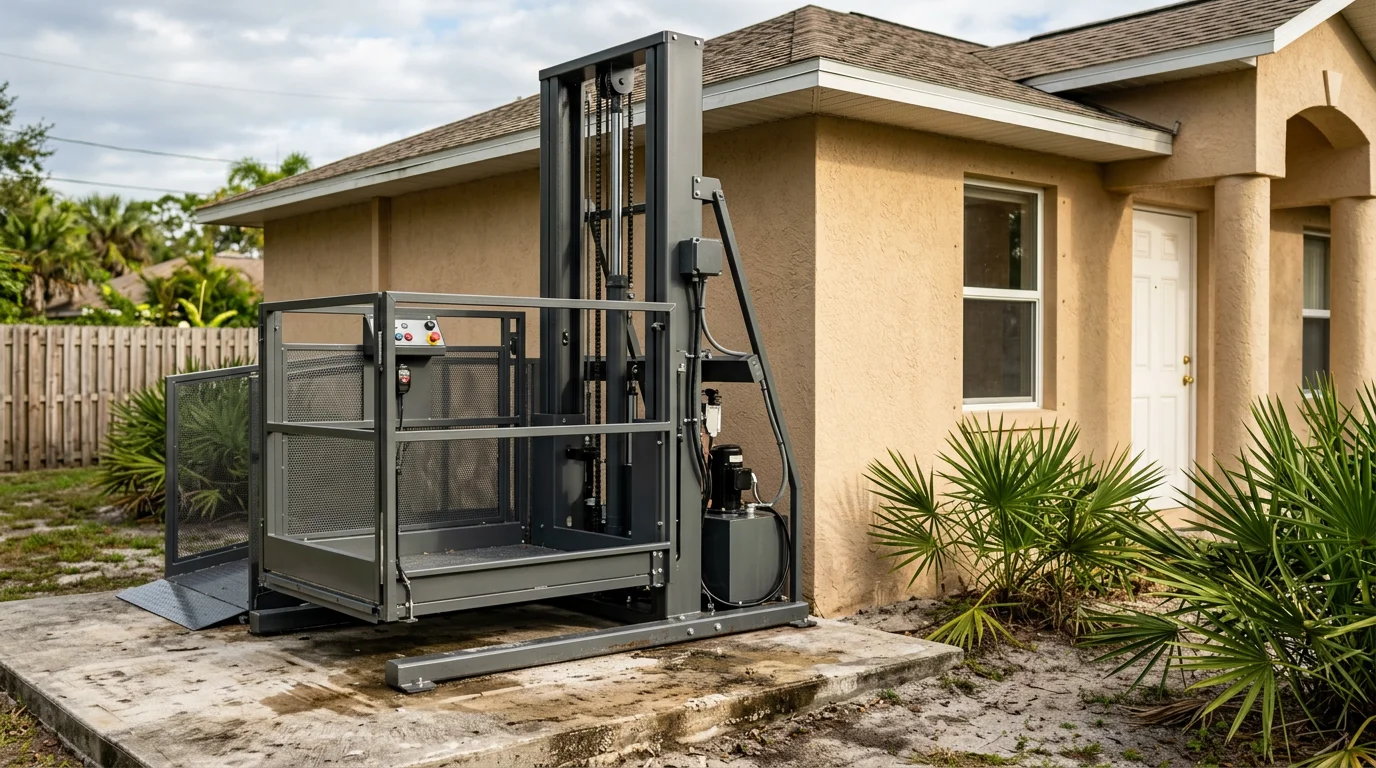 Outdoor vertical platform wheelchair lift installed on residential building exterior