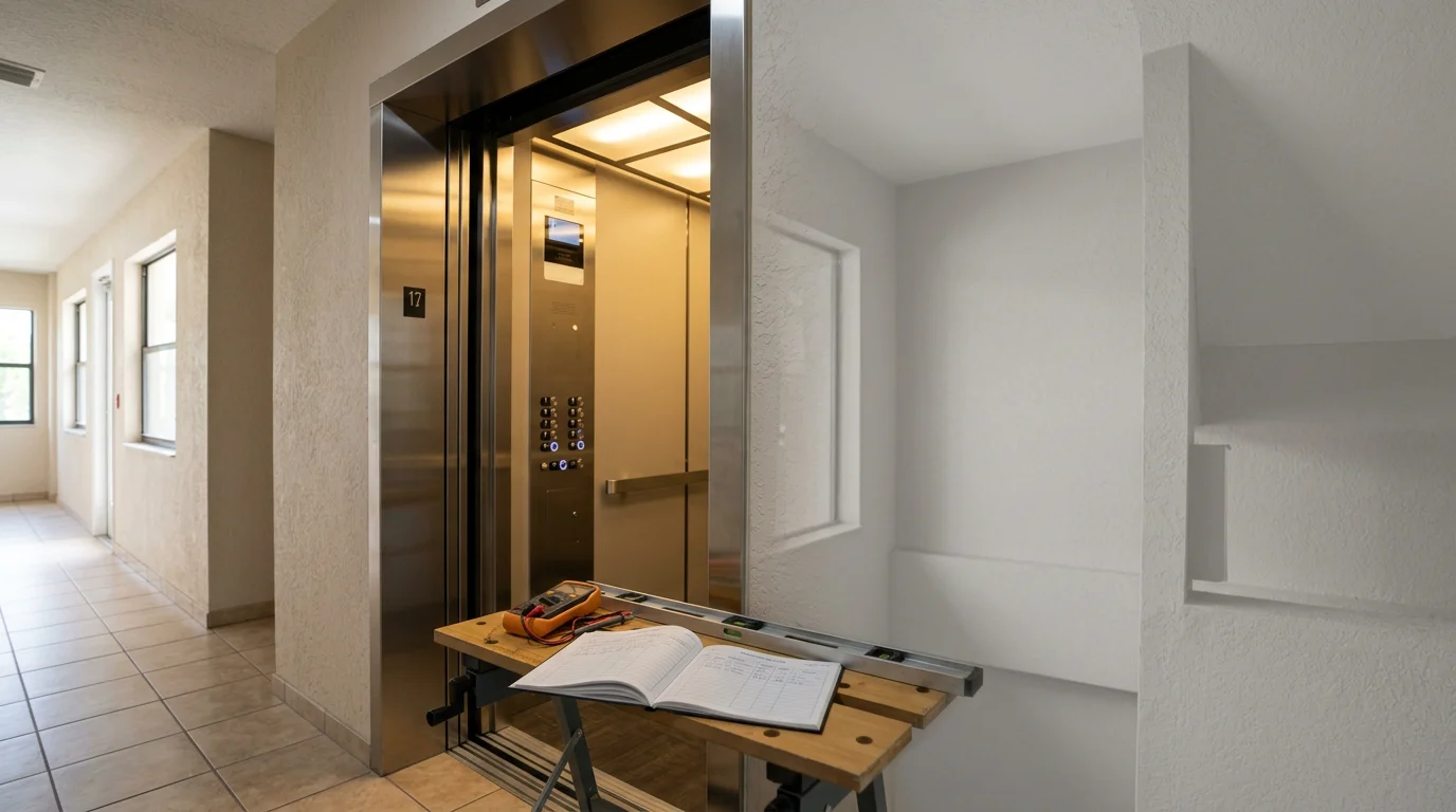 Professional elevator technician performing maintenance on commercial elevator system