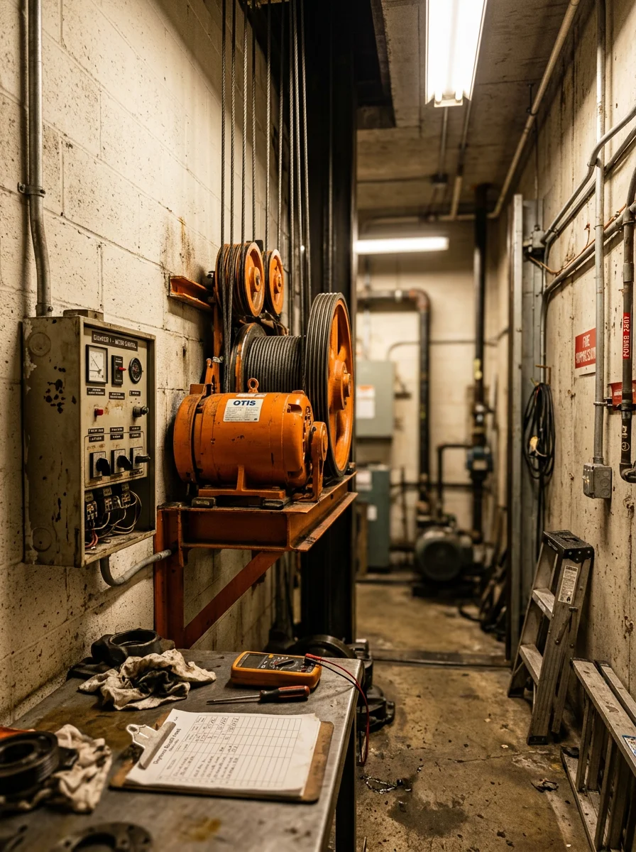 Technician performing elevator maintenance inspection in the machine room of a beachside hotel in Daytona Beach, Florida.