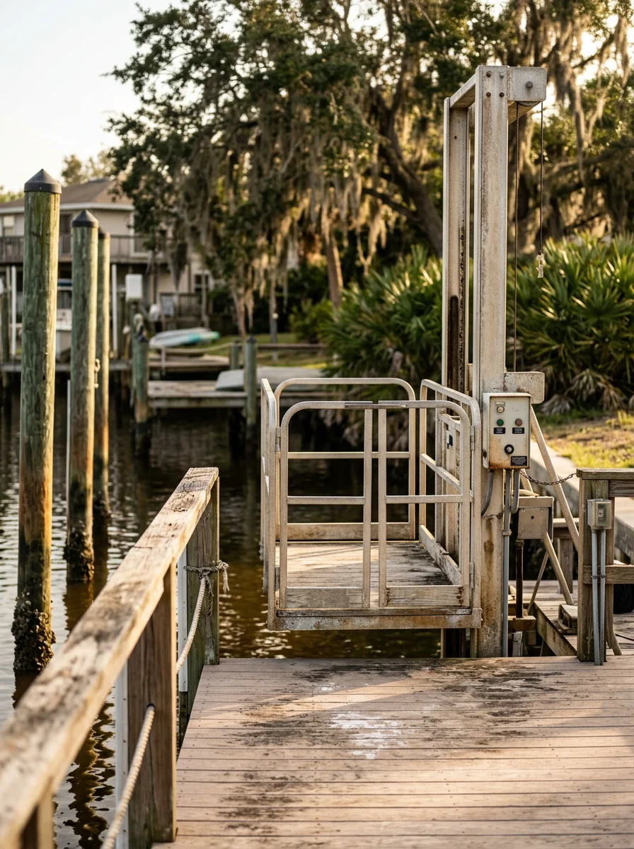 Technician inspecting an outdoor vertical platform lift mounted on an elevated deck of a canal-front home in Flagler Beach, Florida.