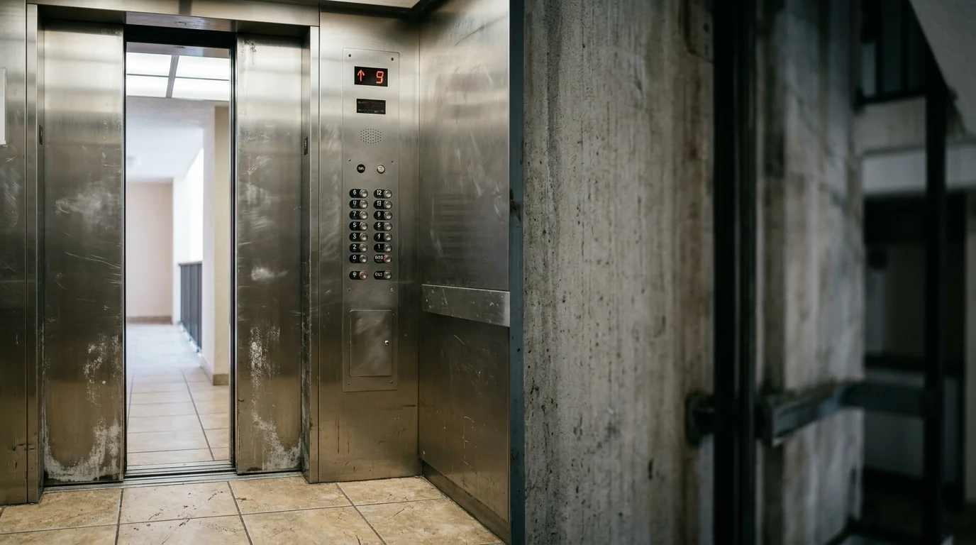 Elevator cab interior in a multi-story oceanfront condo building in Flagler Beach, Florida, with stainless steel fixtures showing signs of coastal salt-air exposure.