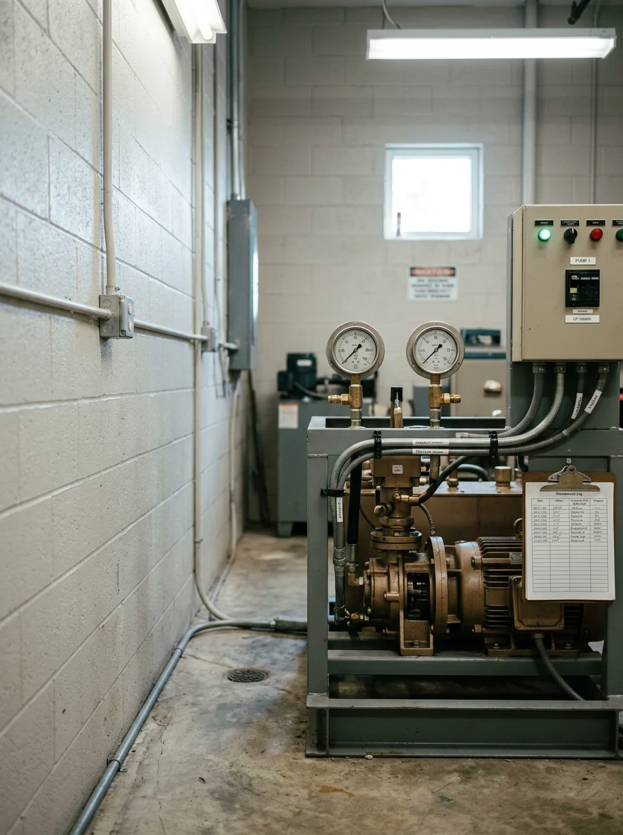 Elevator machine room inspection in a multi-story medical facility in the UF Health complex in Gainesville, Florida.