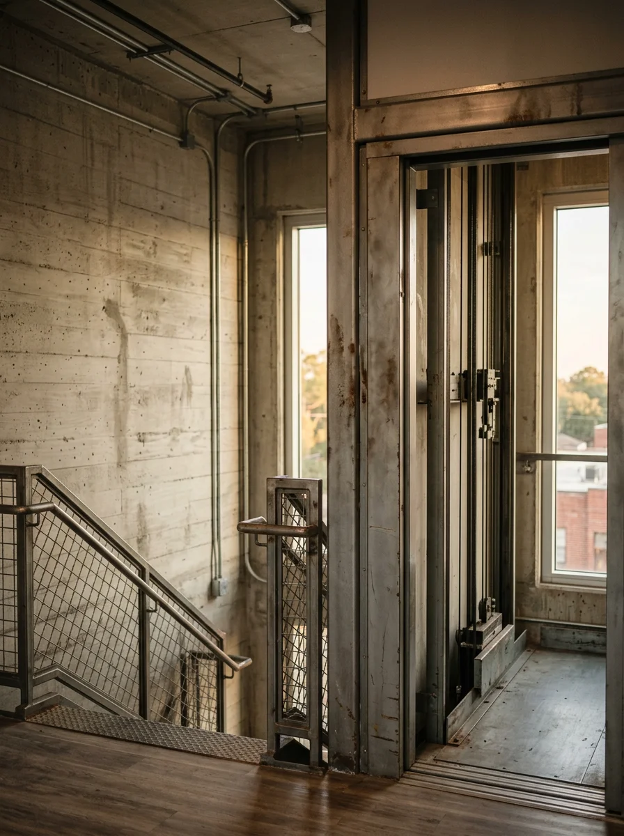 Elevator machine room inspection in a multi-story mixed-use building along the Jacksonville Southside corridor, Florida.