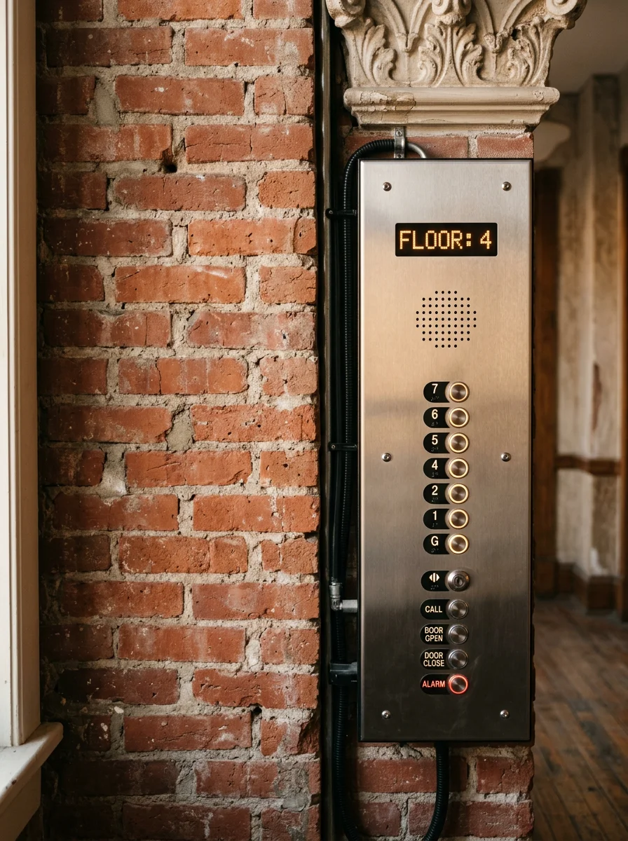 Elevator modernization work in a historic commercial building in Downtown Ocala, Florida, with original masonry walls and new control panel components.