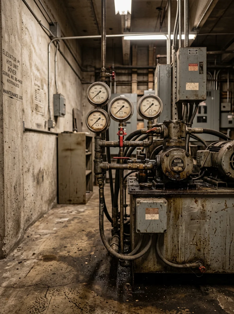 Elevator machine room with hydraulic unit in a 1980s mid-rise office building in the Orlando metro, Florida, showing components due for modernization.