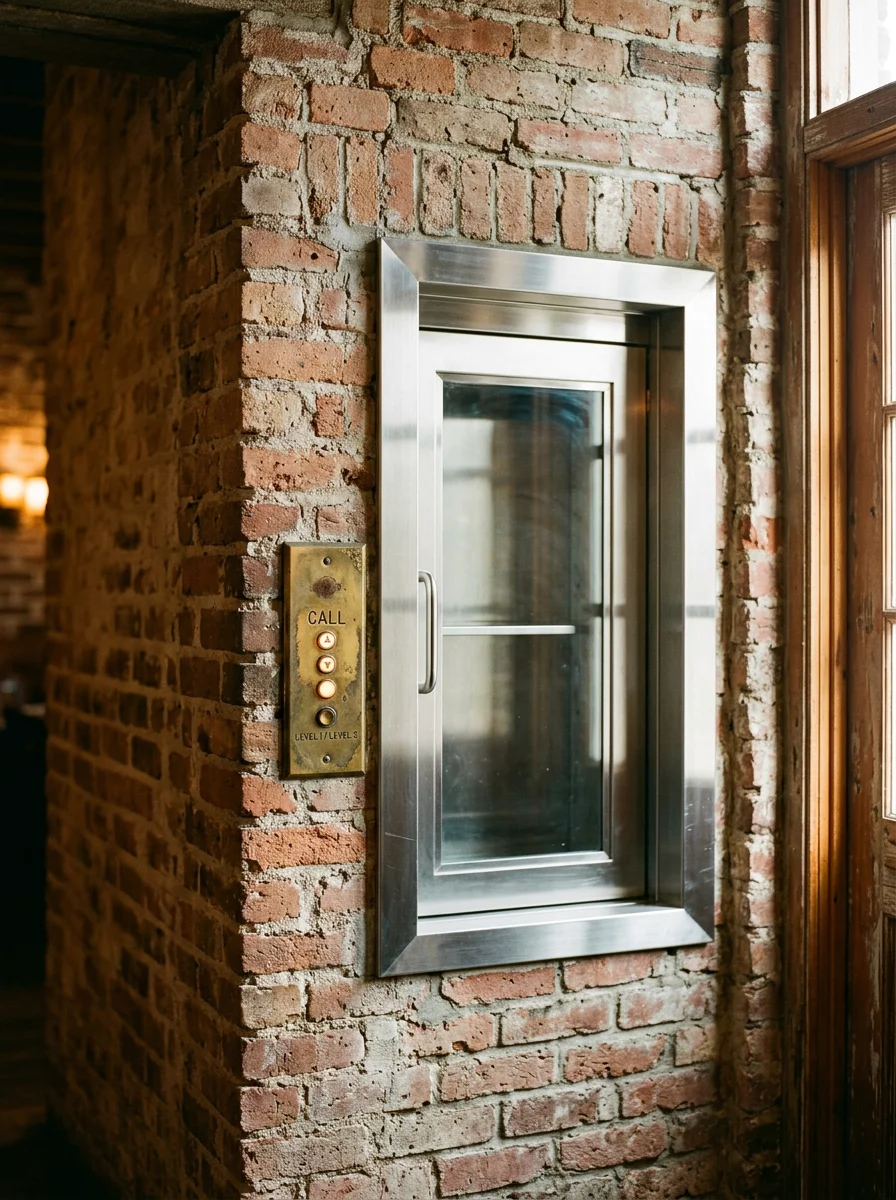 Dumbwaiter installation in a multi-story restaurant on King Street in St. Augustine, Florida, showing the interior cab and call station.