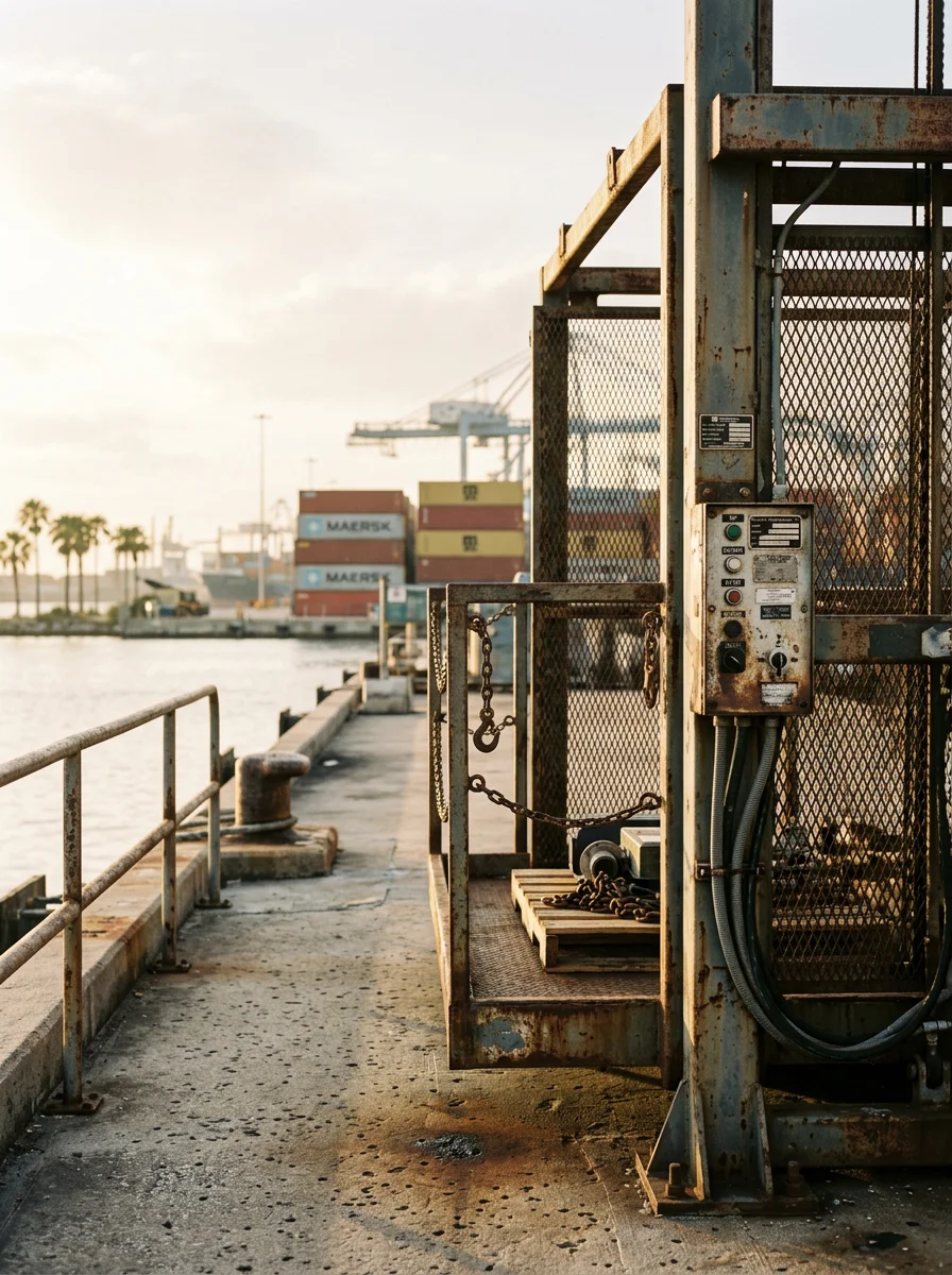 Outdoor cargo lift at an industrial property near Tampa's port waterfront, Florida, showing heavy-duty platform and safety enclosure.