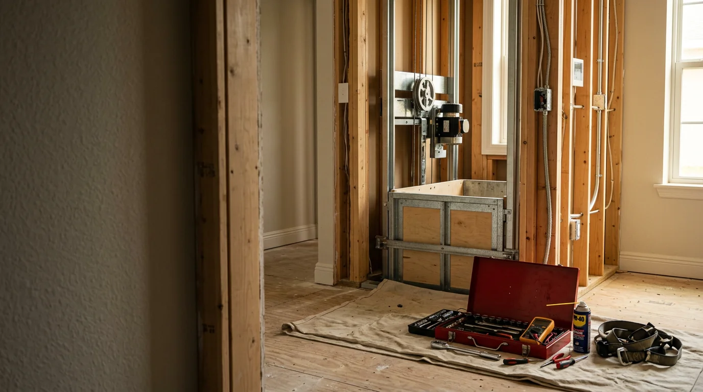 A residential dumbwaiter cab installed inside a multi-story Flagler Beach home, with open access doors showing the interior cab ready to transport household goods between floors. A technician inspects the mechanical components during a routine maintenance visit.