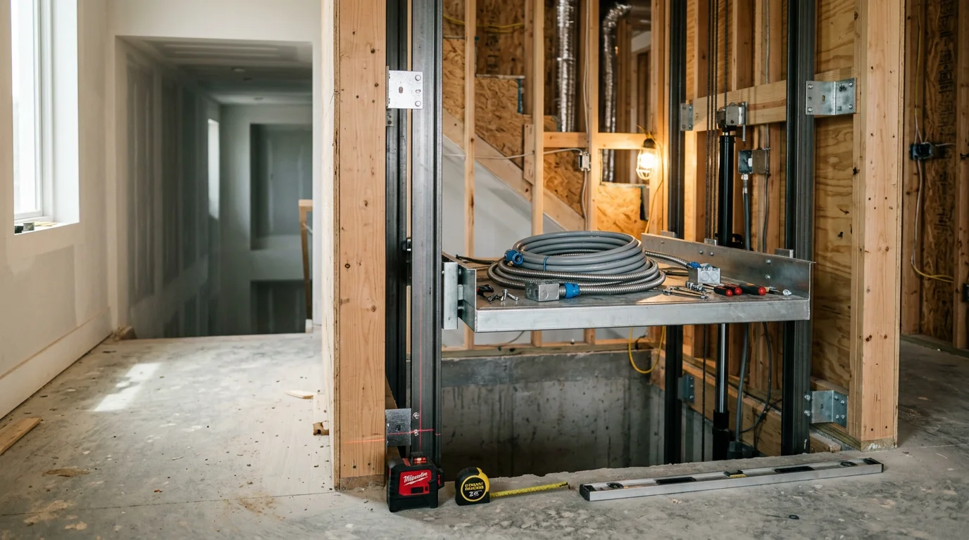 A newly installed residential elevator inside a three-story coastal home in Flagler Beach, Florida, with clean interior finishes and open landing doors showing access to multiple floors.