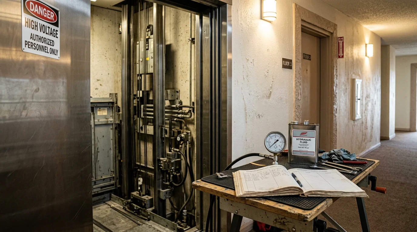 An elevator technician inspecting the mechanical components and door mechanism of a commercial elevator in a Flagler Beach, Florida property. Service tools and a maintenance log are visible nearby.