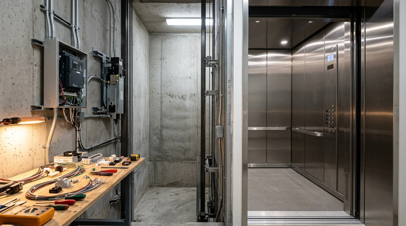 A modernized elevator cab interior inside a Flagler Beach commercial building, showing updated controls, fresh finishes, and new door operator hardware. The coastal property setting is visible through the building's corridor windows.