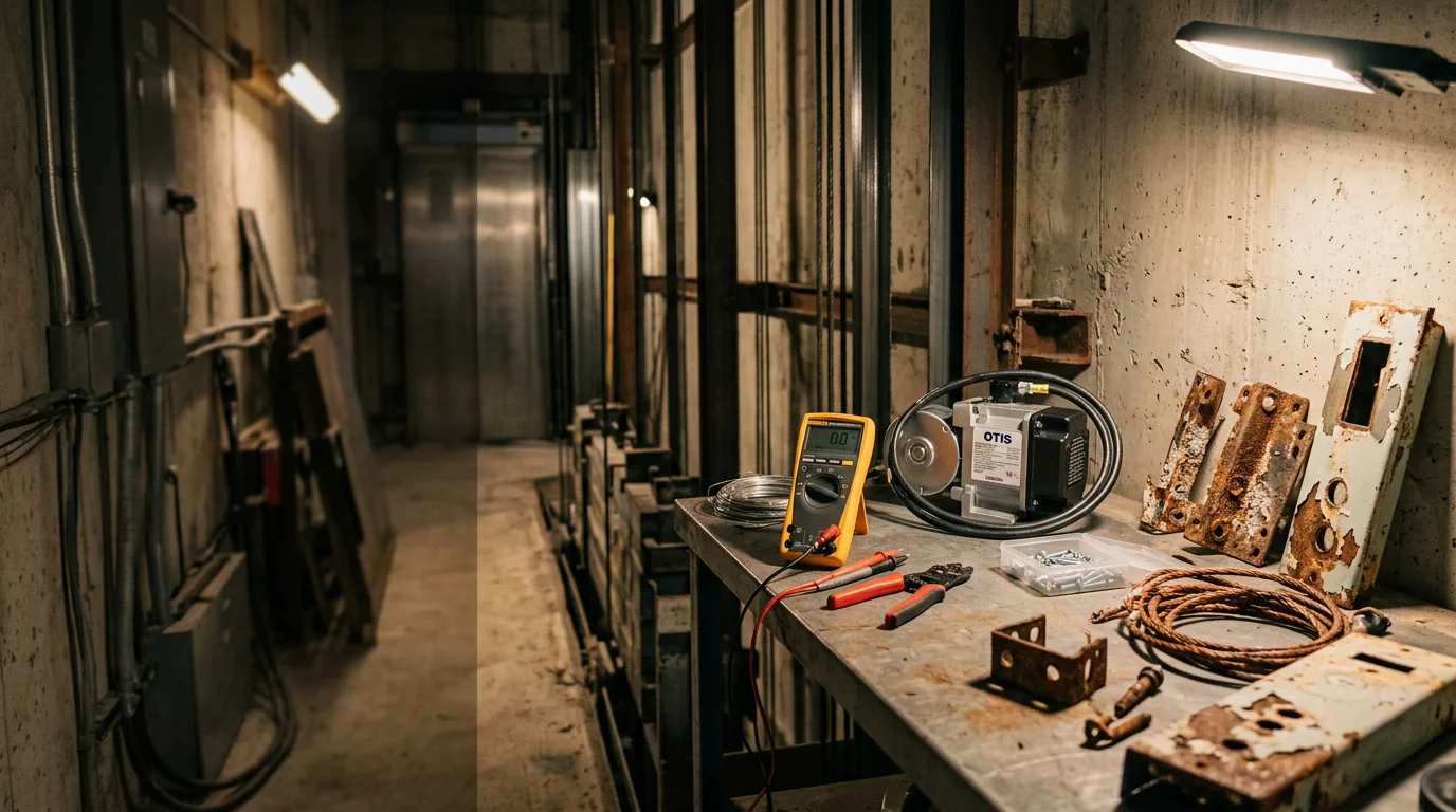 A elevator technician inspecting an open elevator control panel inside a multi-story coastal building in Flagler Beach, Florida. The repair visit addresses corrosion and door operator issues common in Atlantic-facing properties.