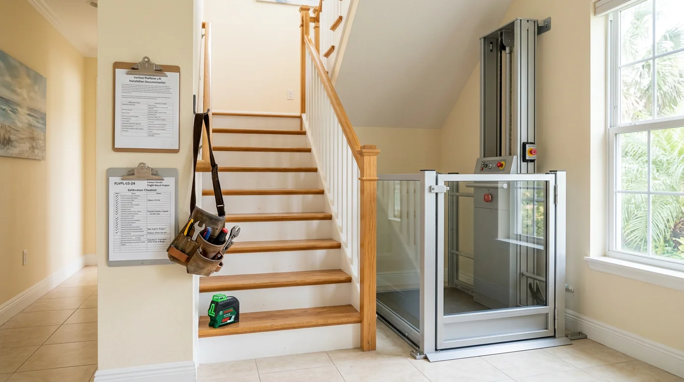 An indoor vertical platform lift installed inside a two-story coastal home in Flagler Beach, Florida, with the platform raised to the upper floor level. The lift is positioned against an interior wall with clear access from the living area below.