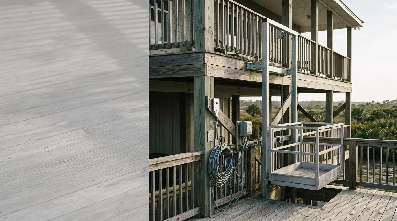 An outdoor cargo lift mounted to the exterior of a raised coastal home in Flagler Beach, Florida, with the lift platform positioned at upper-floor deck level. The surrounding environment shows a typical Florida beachside setting with open sky and an elevated piling-style foundation below.