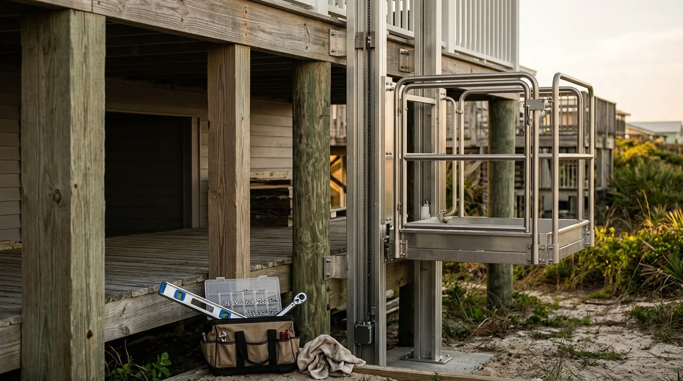 An outdoor passenger lift mounted to the exterior of a multi-story elevated coastal home in Flagler Beach, Florida. The lift platform sits at ground level beside a wooden staircase with the Atlantic coast visible in the background.