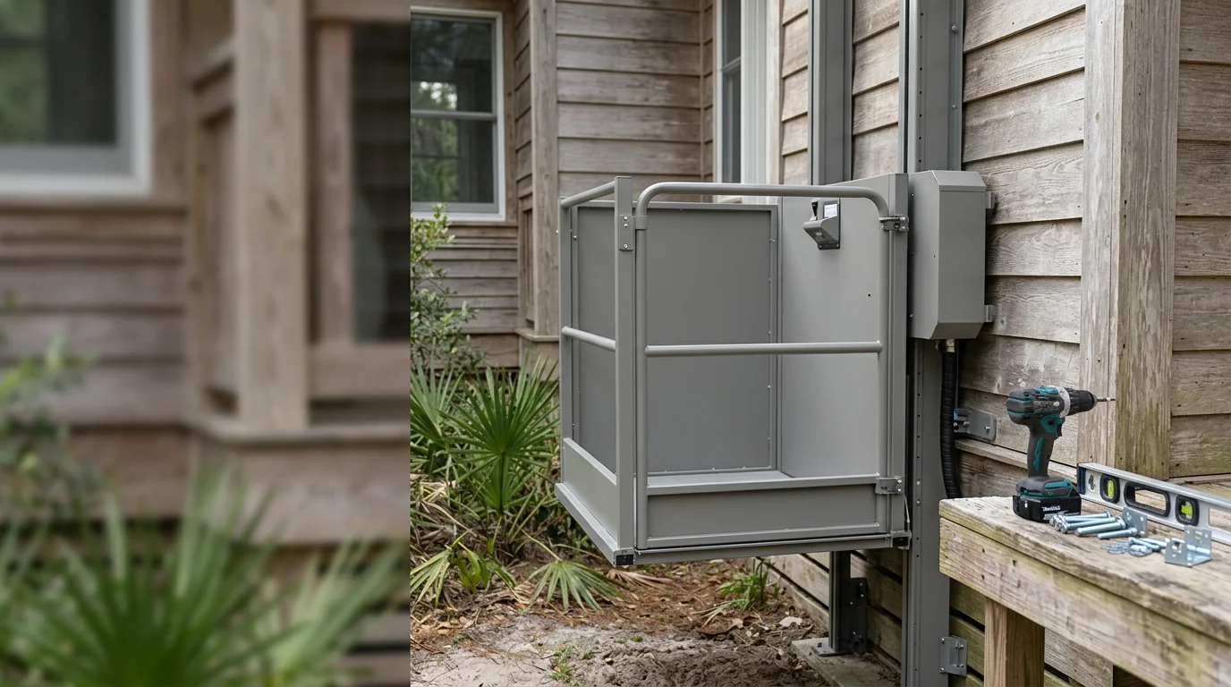 An outdoor vertical platform lift installed on the exterior entry of a coastal elevated home in Flagler Beach, Florida. The lift platform is positioned at ground level beside a wooden staircase, with the Atlantic coast visible in the background.