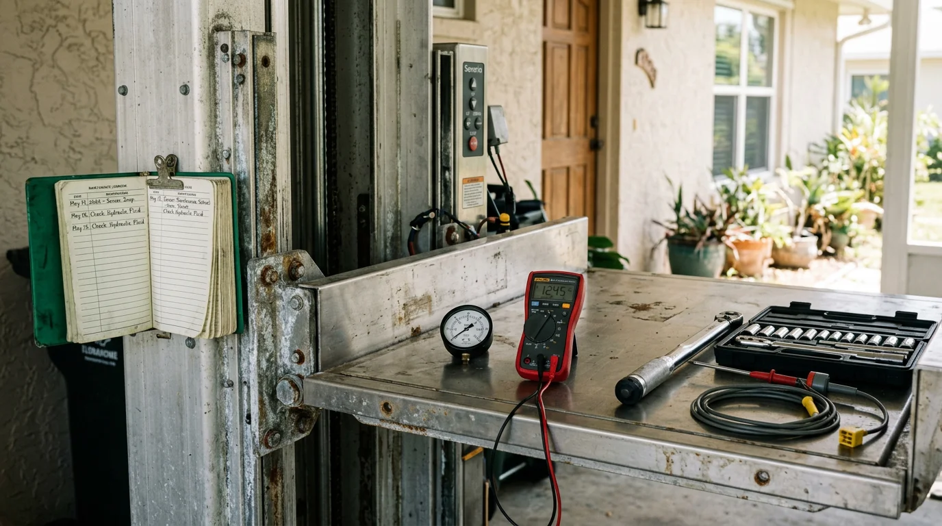 A wheelchair platform lift at a Flagler Beach residential property, showing the platform, gate, and vertical rail assembly in a coastal outdoor setting. A technician inspects the drive components and hardware during a routine maintenance visit.